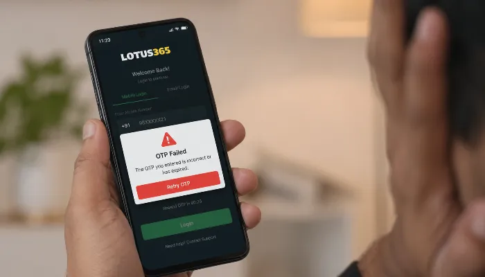 Lotus365 login error OTP failed fix on mobile screen