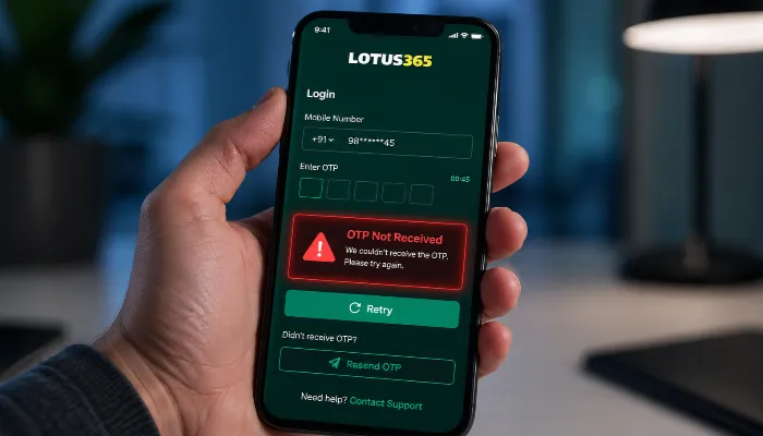 Lotus365 login OTP not received error on smartphone screen