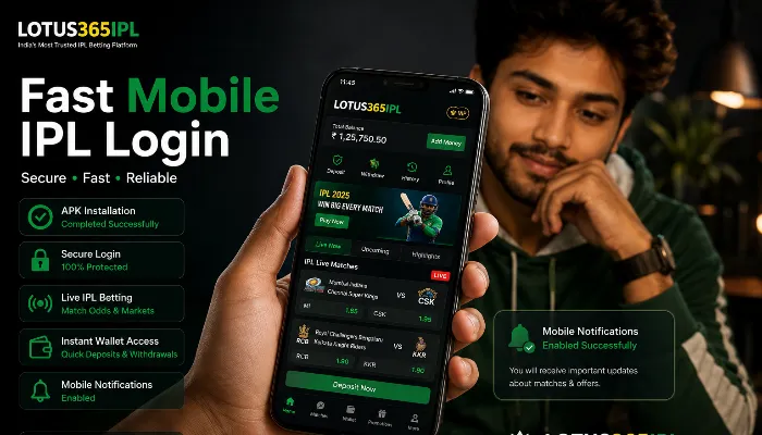Lotus365IPL mobile app login interface with live IPL dashboard