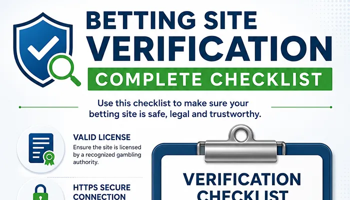 Online Betting Site Verification Checklist Infographic showing the essential checklist for verifying an online betting site's legitimacy