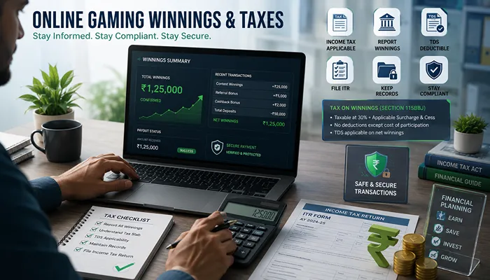 Tax Rules for Online Gaming Winnings in India Illustration showing tax calculation on online gaming winnings in India