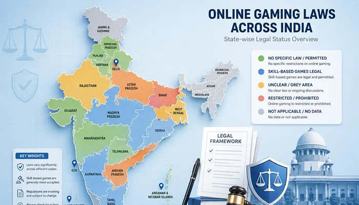 State-wise Online Gaming Regulations in India Map illustrating different online gaming regulations across Indian states