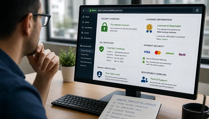 How to Verify a Legit Betting Site User verifying the license and security features of an online betting website before depositing.
